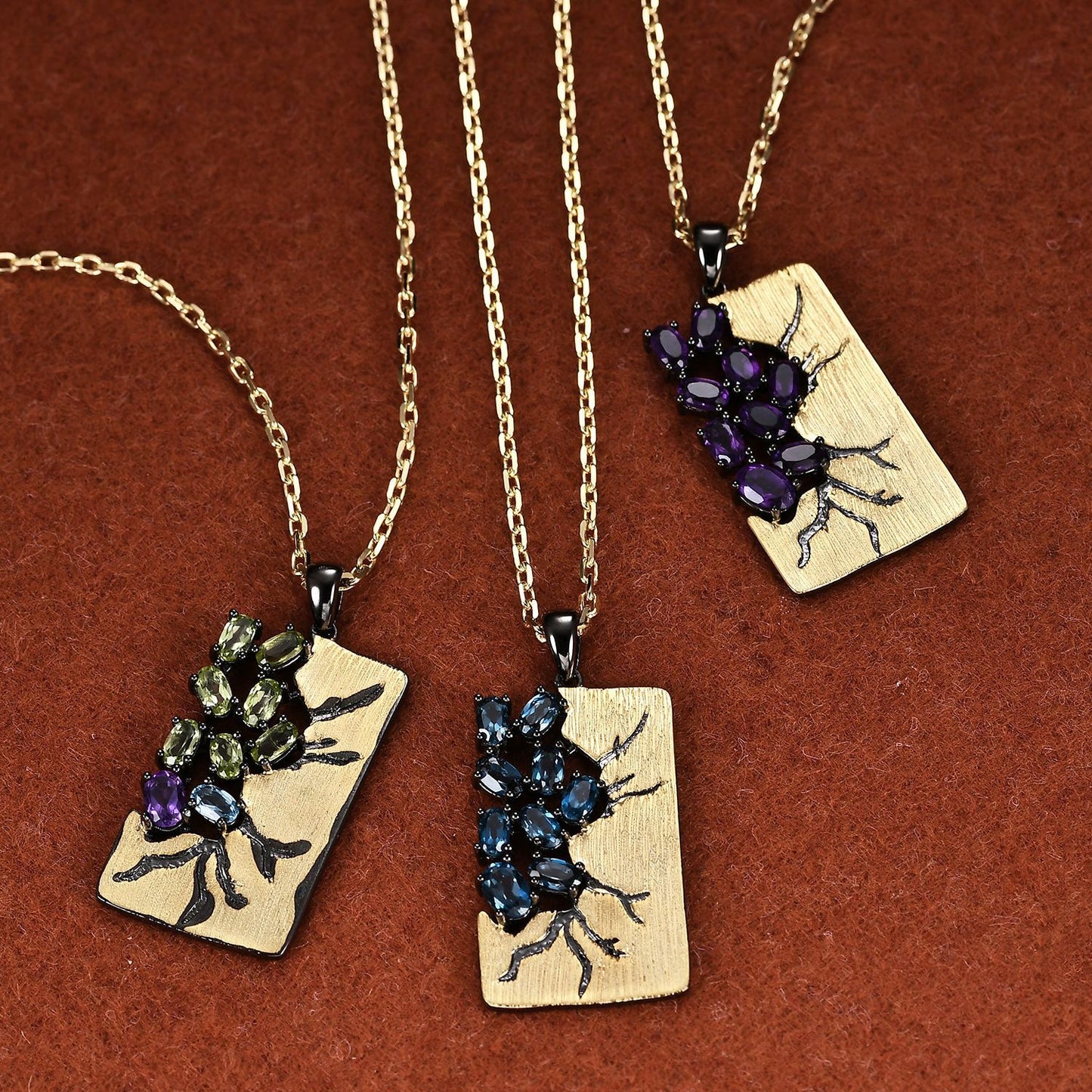Italian Retro Designer Jewelry s925Silver Gold-Plated Natural Gemstone Amethyst Necklace Pendant