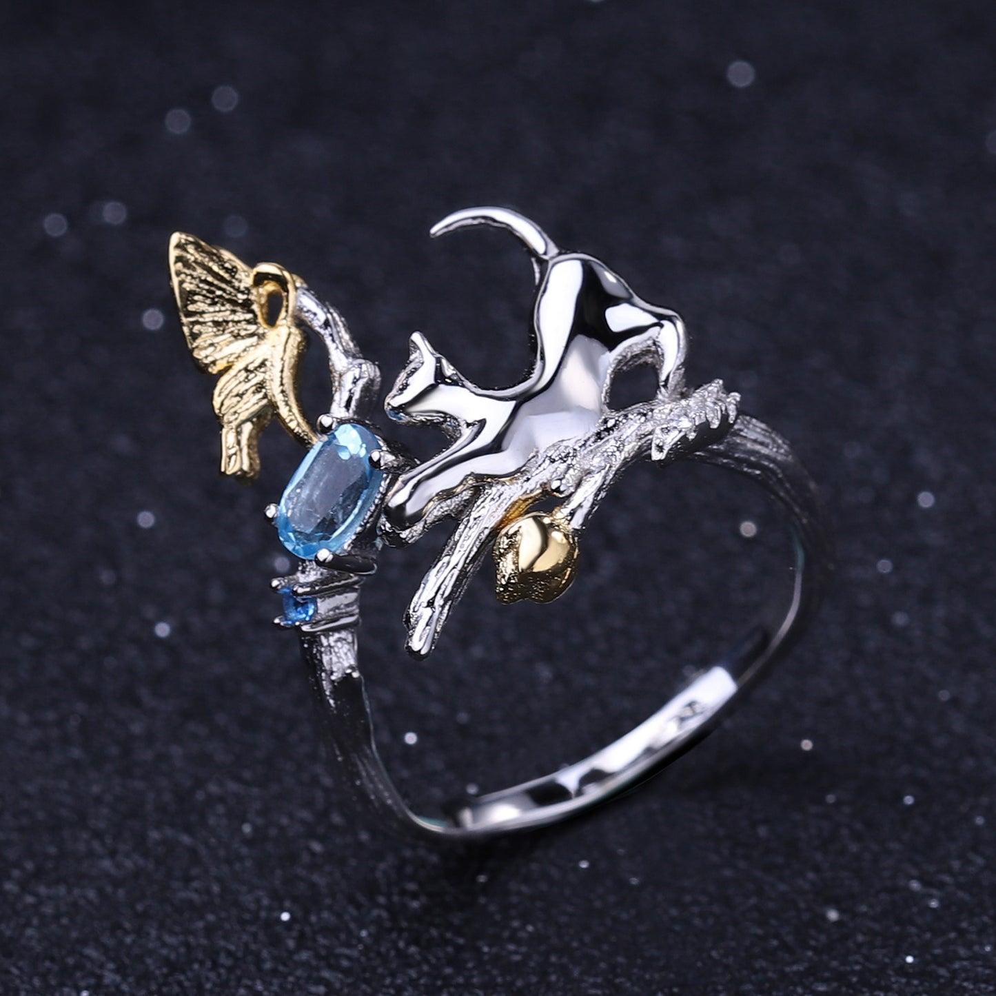 Designer Natural Gemstone Chinese Style Adjustable Ring with Natural Wind Animal Design925Silver Topaz Ring