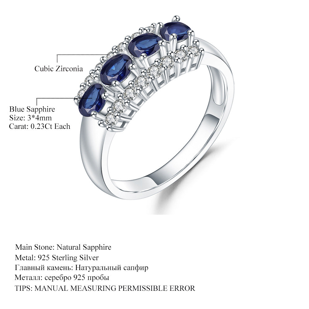 New Luxury High-End Natural Sapphire Ring Fashion Design One-Word Row s925Silver Inlaid Gemstone Ring