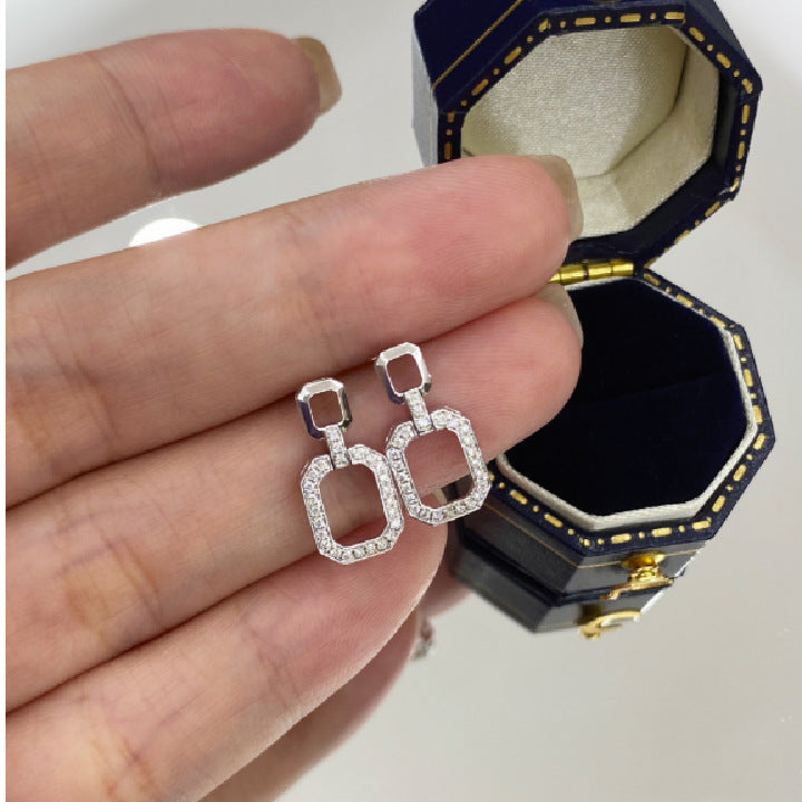 Chanel Style18k Gold Stud Earrings Inlaid with Cultivated Diamonds Geometric Square Buckle Earrings High-end Jewelry Diamond Stud Earrings Platinum