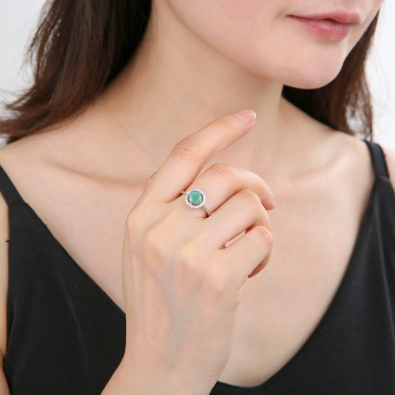 Classic Retro Natural Green Chalcedony Ring for Women Export s925Sterling Silver Inlaid Garnet Ring