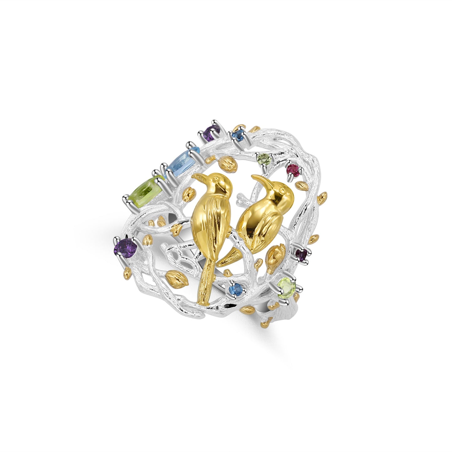 Designer High-End Sense Personality Chinese Style Ring Natural Wind Bird Design s925Silver natural gemstone ring