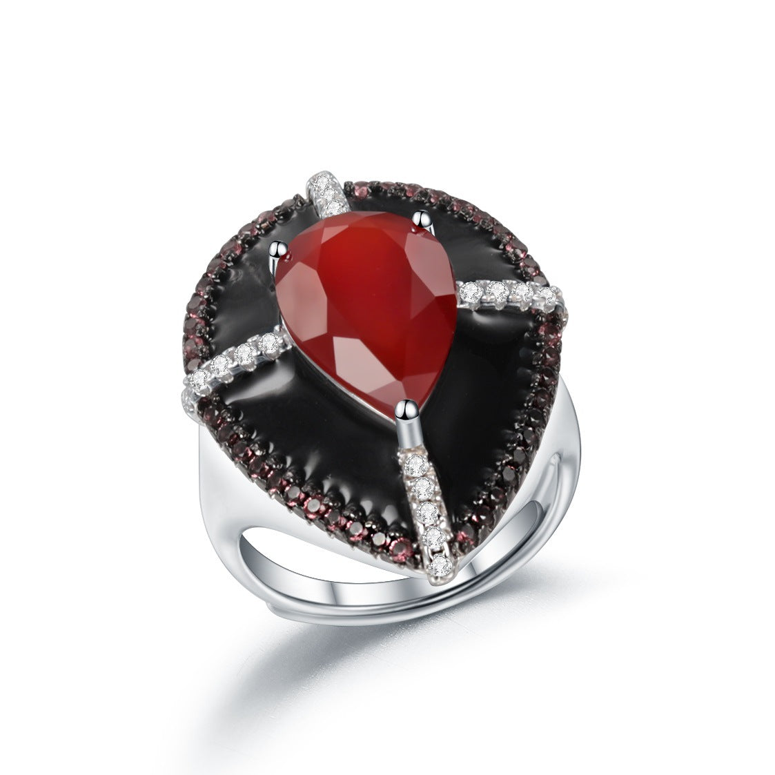 Designer Luxury Red Agate Adjustable Ring Vintage style925Silver Inlaid Natural Gemstone Enamel Ring