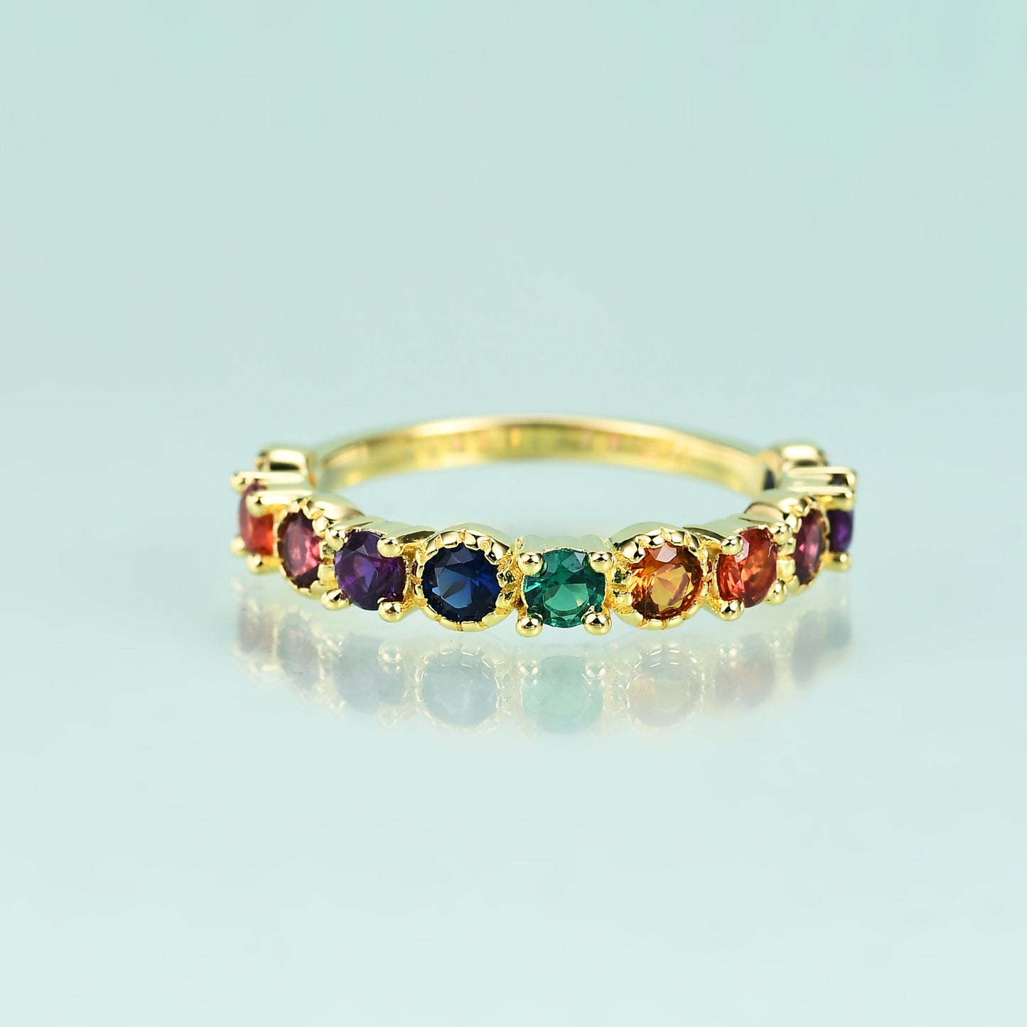 S925Sterling Silver Inlaid with Colorful Gemstone Ring Set Light Luxury Fashionable Elegant Simple Plated14k Golden Rainbow Nano Ring