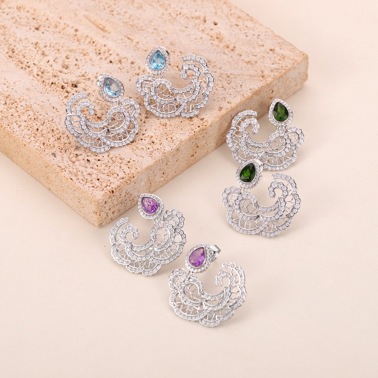 Natural Cloud Topaz Earrings s925Sterling Silver Amethyst Diopside Cloud Pattern National Style Gemstone Earrings