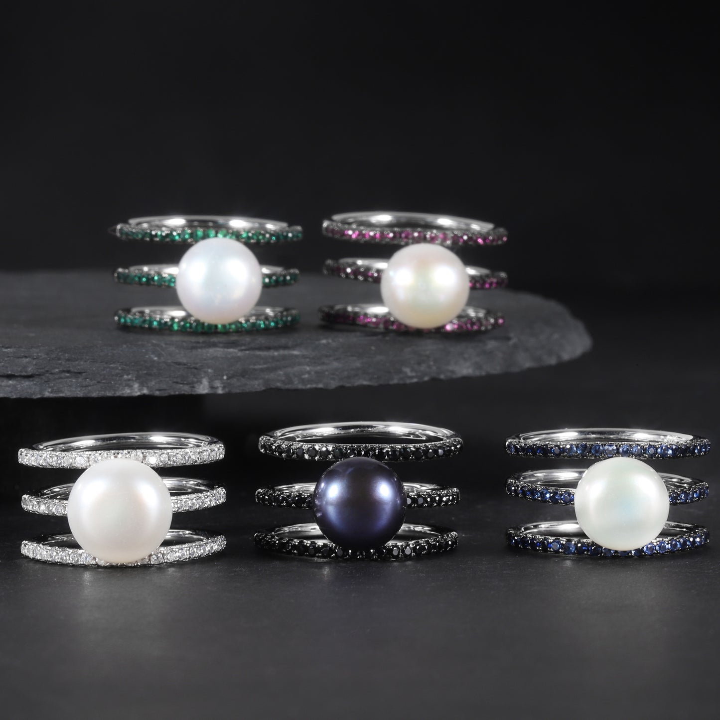 S925Sterling Silver Inlaid Natural Freshwater Pearl Ring Fashionable Light Luxury High-end Three-ring Set Ring