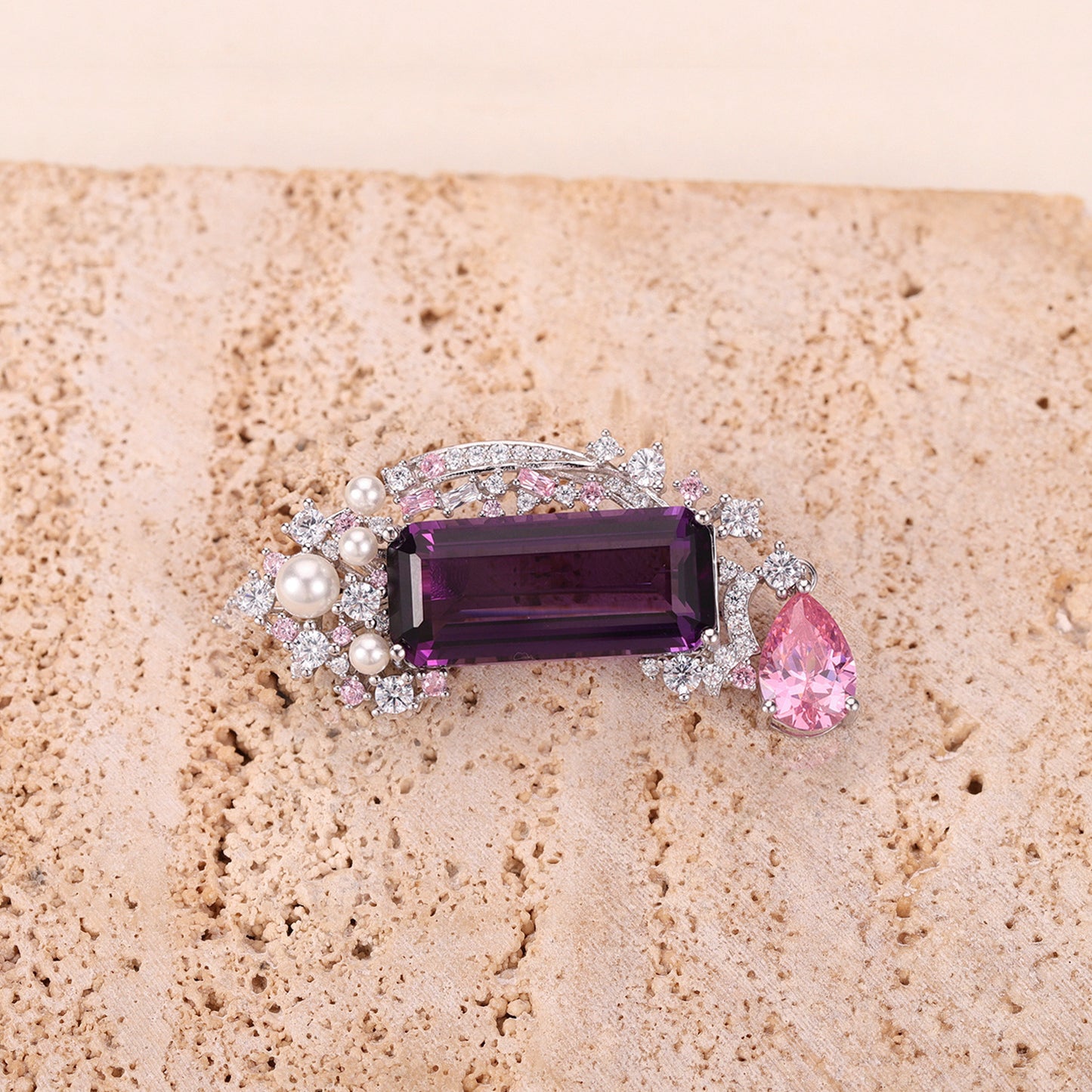 Russian Luxurious High-End Jewelry Brooch Pendant Dual-Use Natural Purple Pink Crystal Necklace Large Gemstone Pearl Brooch