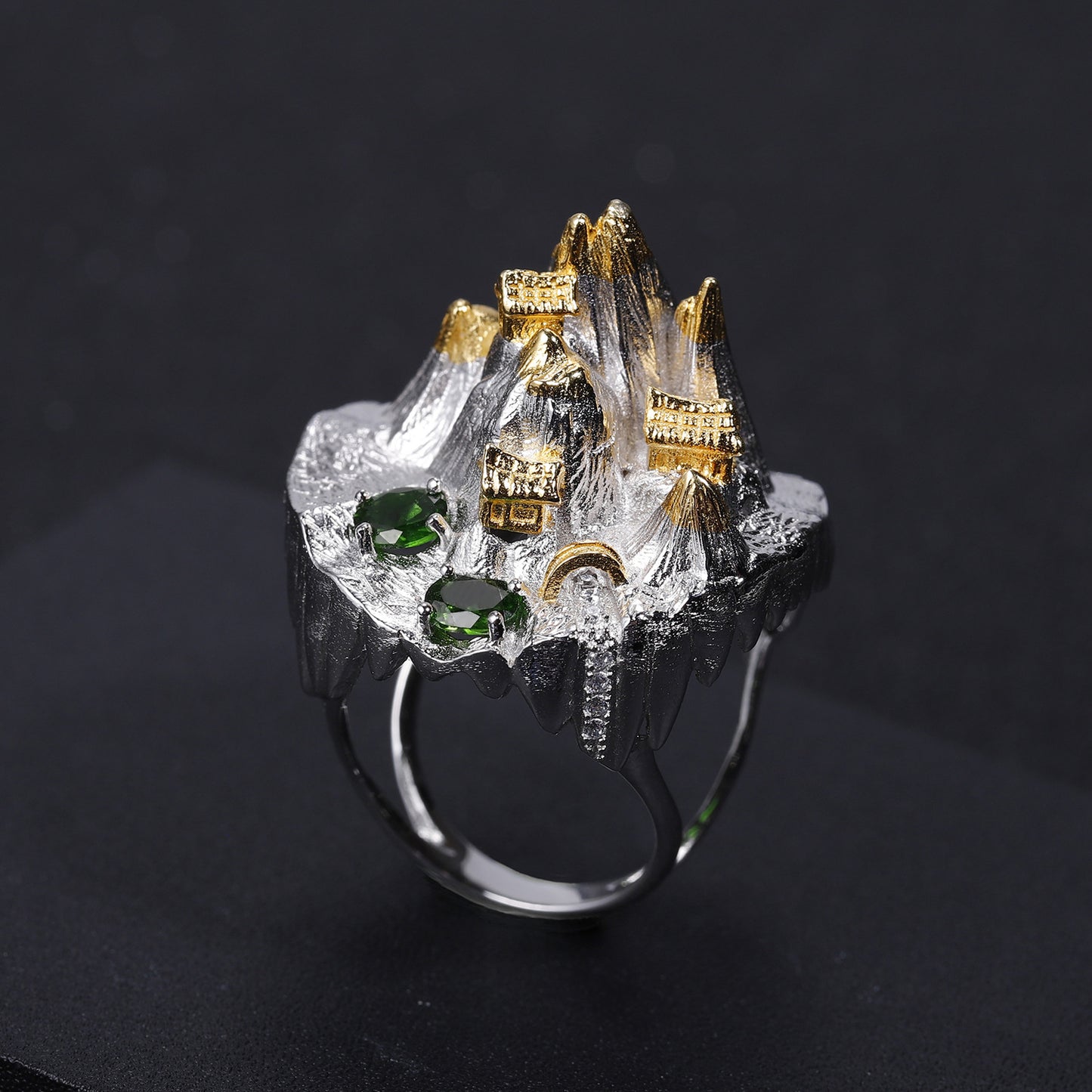 Designer Chinese Style Personality Ring Shan Hai Jing Series s925Silver Inlaid Natural Gemstone Ring Exaggerated