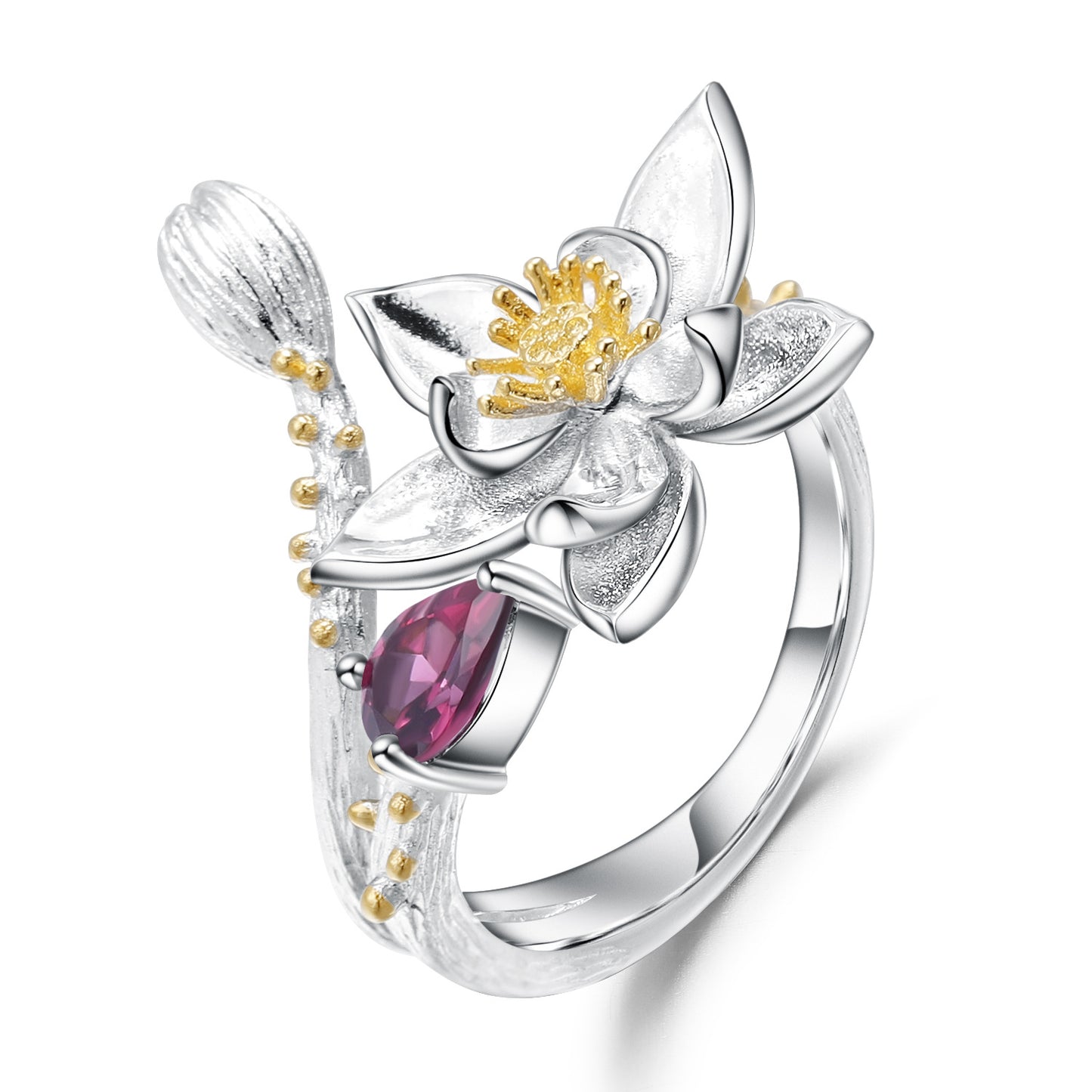Designer Gemstone Inlaid Open Ring Natural Style Floral Design s925Silver natural gemstone ring