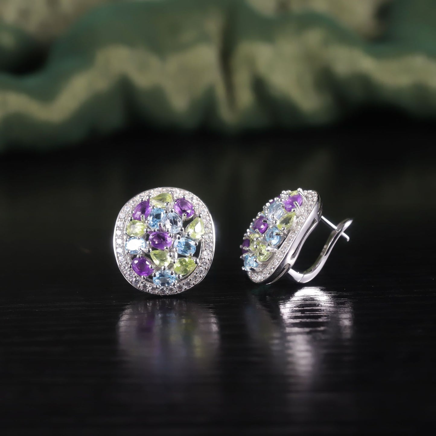 Natural Colorful Gemstone Earrings s925Sterling Silver Inlaid Rainbow Gemstone Peridot Stud Earrings Round Wind Earrings