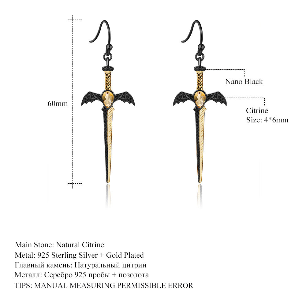 Dark Series Designer High-End Earrings Gothic Style Dagger Design925Silver Natural Gemstone Earrings