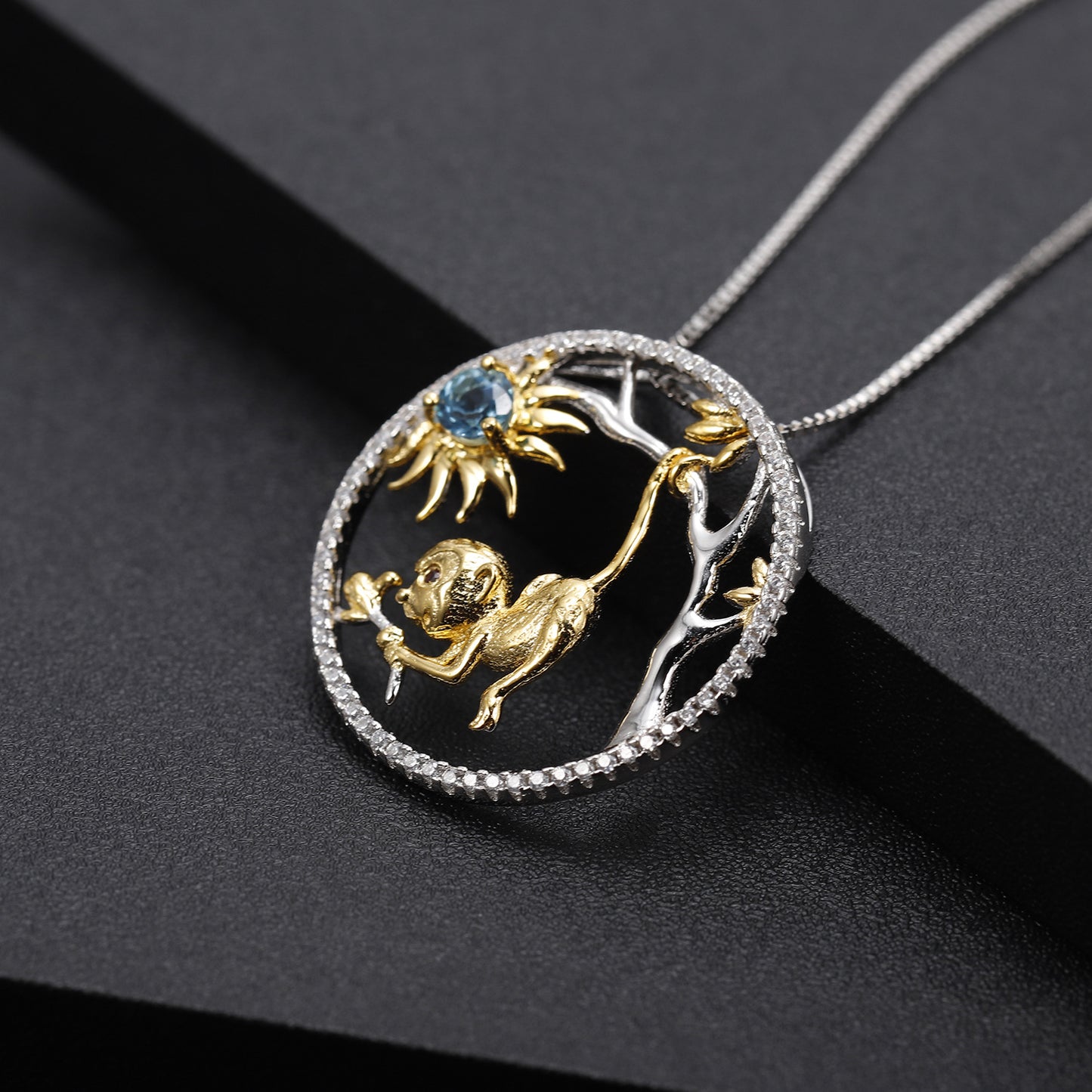 Designer Chinese Style Element Pendant Zodiac Series Monkey 925Silver Natural Gemstone Necklace Pendant