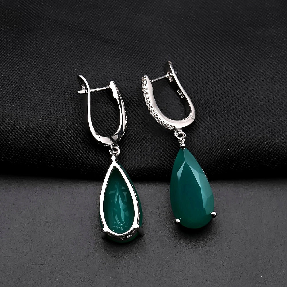 Luxurious and Sophisticated Green Agate Earrings Fashion Temperament s925Sterling Silver Inlaid Natural Gemstone Earrings