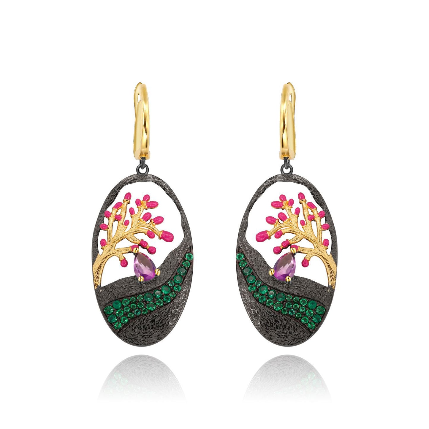 Italian Craft Designer Earrings Natural Style Tree of Life Design s925Sterling Silver Enamel Earrings