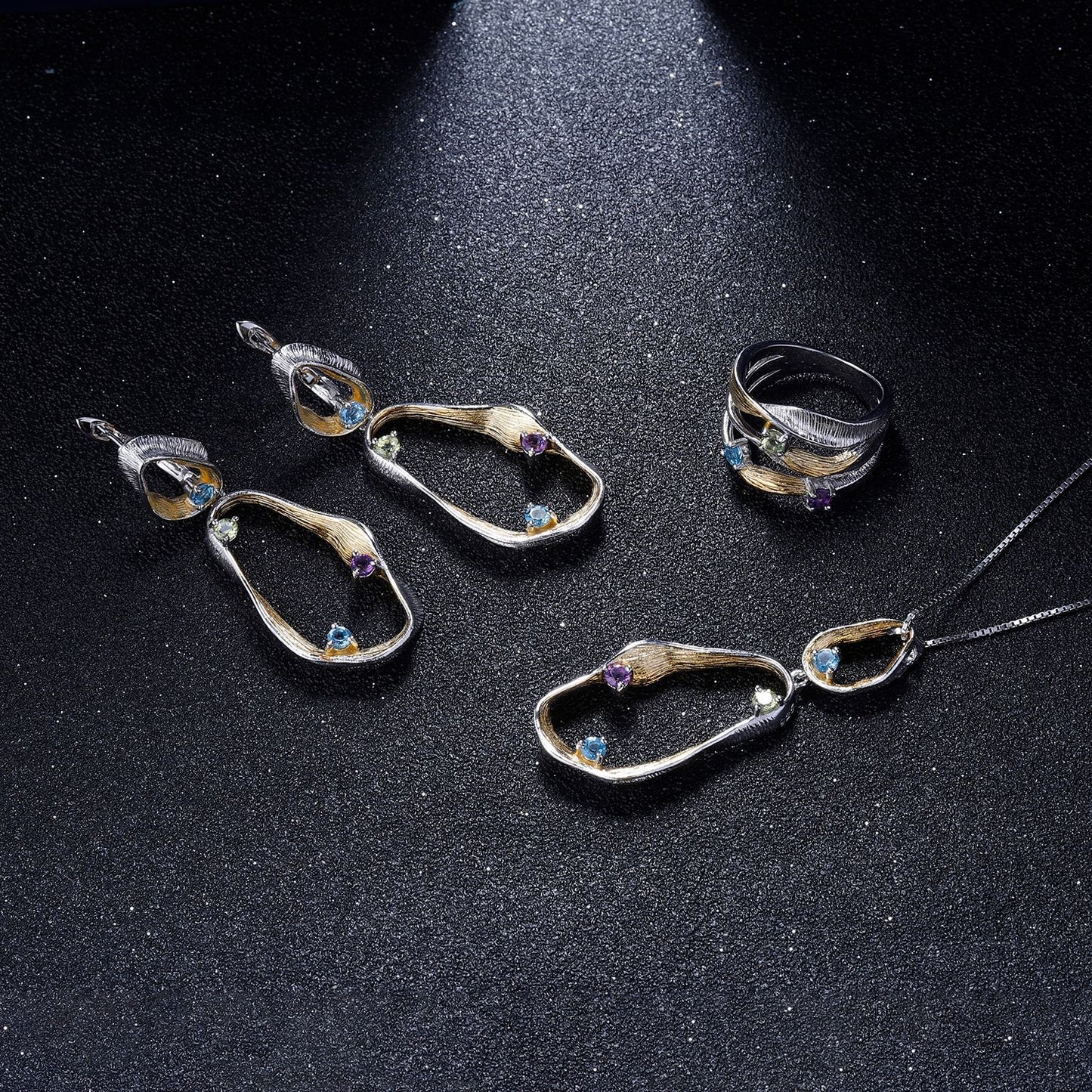 Designer High-End Luxury Jewelry Set s925Sterling Silver Inlaid Gemstone Ring Earrings Pendant