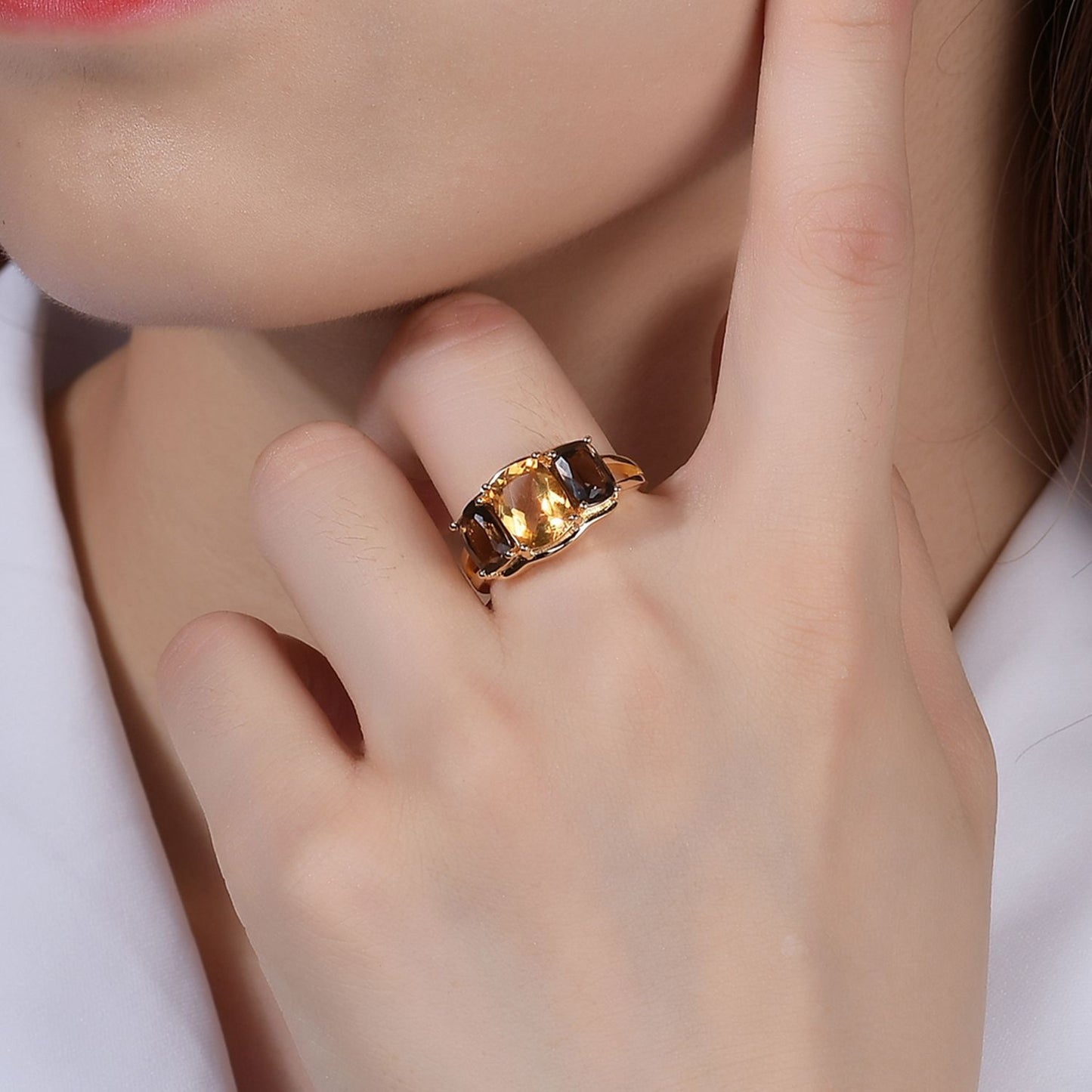 Natural Gemstone Yellow Citrine Tea Crystal Ring Luxurious Design Sense s925Silver plating14k Gold Inlaid Gemstone Ring