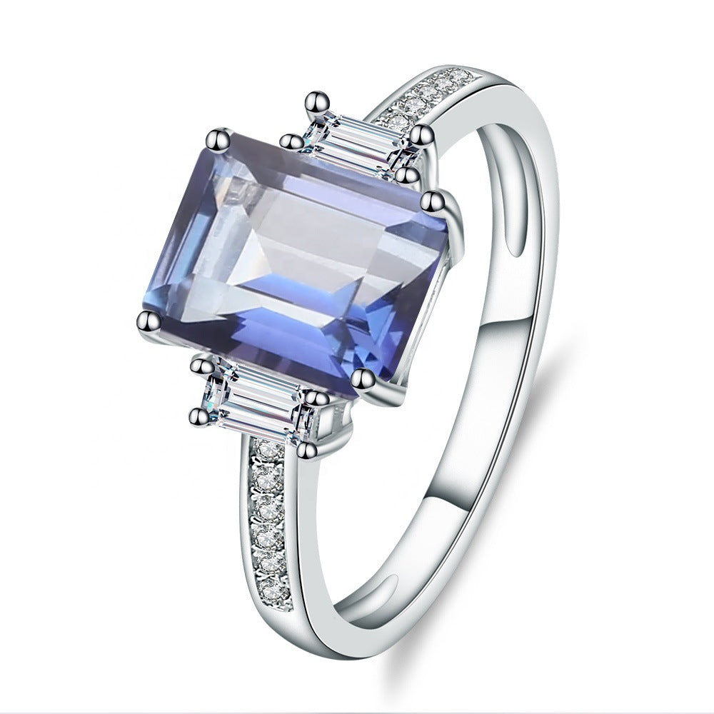 Classic Square Gemstone Ring3.2Carat Foreign Trade s925Sterling Silver Inlaid Blue Spinel Crystal Ring Fashion