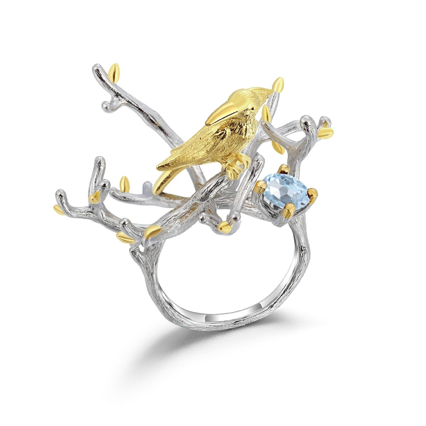 Designer Natural Peridot Ring Natural Style Tree Branch Bird Design s925Silver Inlaid Gemstone Ring