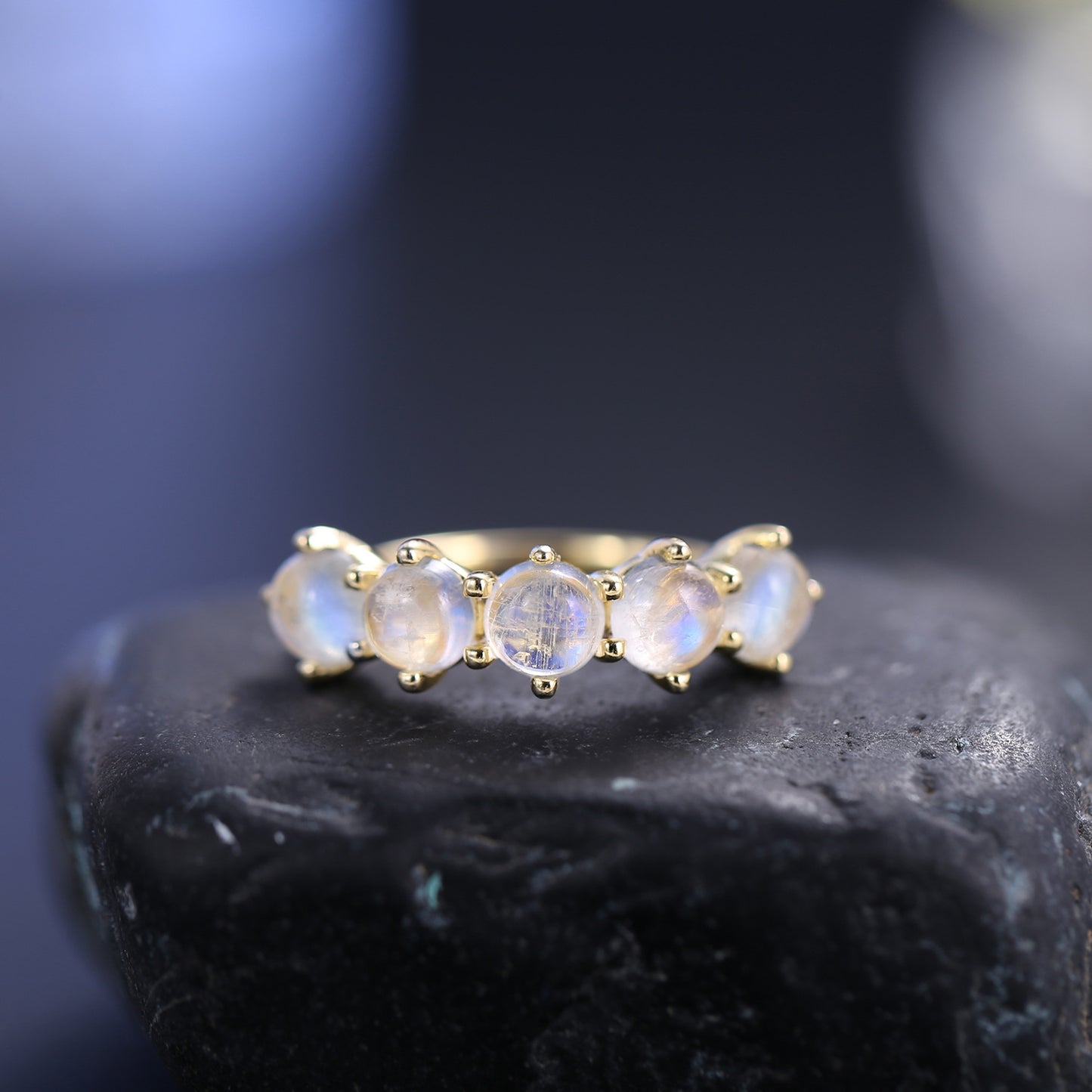 Niche Design Natural Cream Blue Moonstone Ring Export s925Sterling Silver Inlaid Gemstone Ring Gold