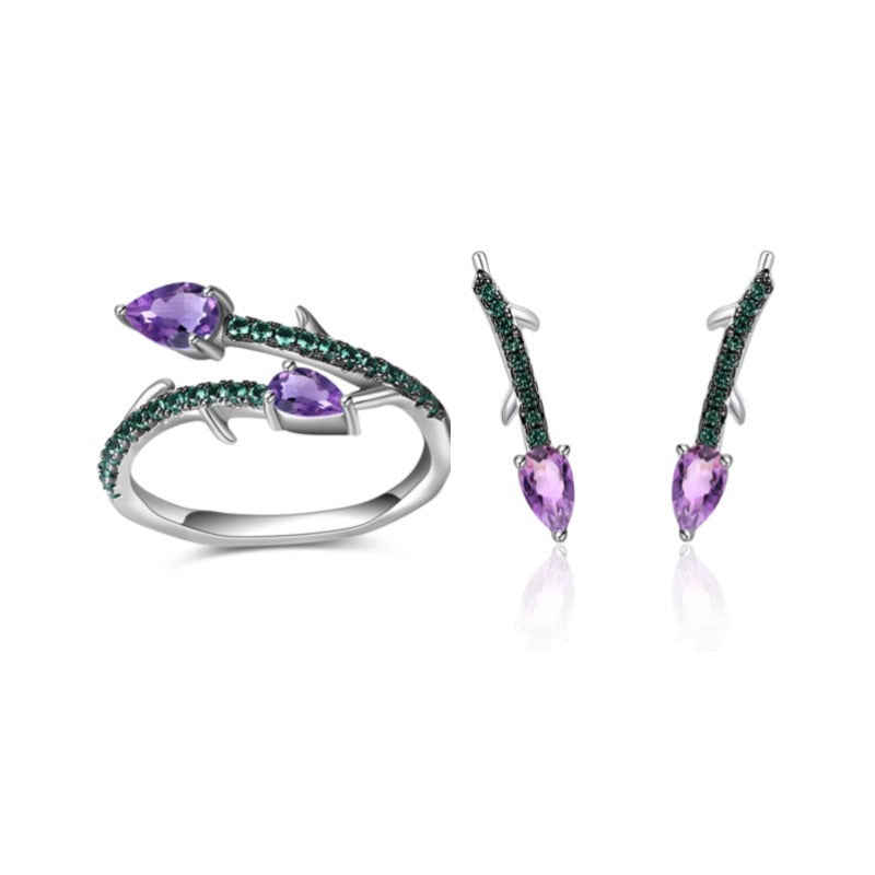 Thorn Flower Set Natural Garnet Topaz s925Sterling Silver Ring Earrings Amethyst Jewelry Set