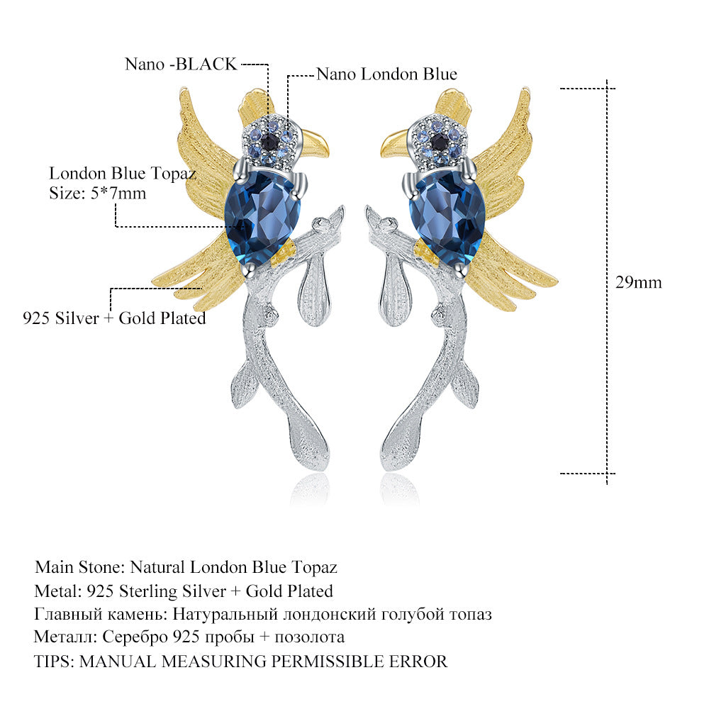 Italian Craft Earrings Natural Style Magpie s925Silver Natural London Blue Topaz Earrings Russia