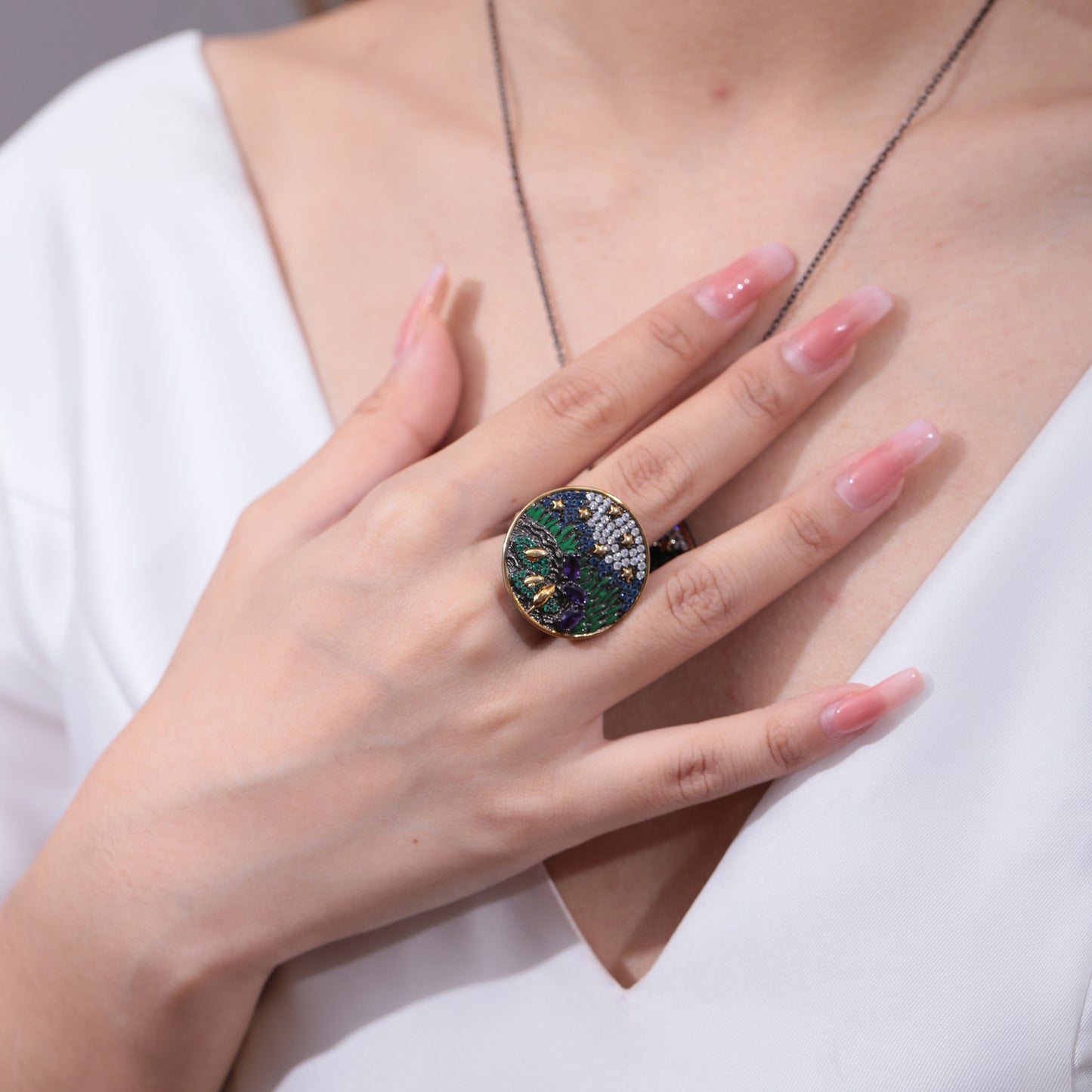 Niche Advanced Sense925Silver Original Design Gemstone Adjustable Ring Natural Stone Amethyst Ring for Men and Women