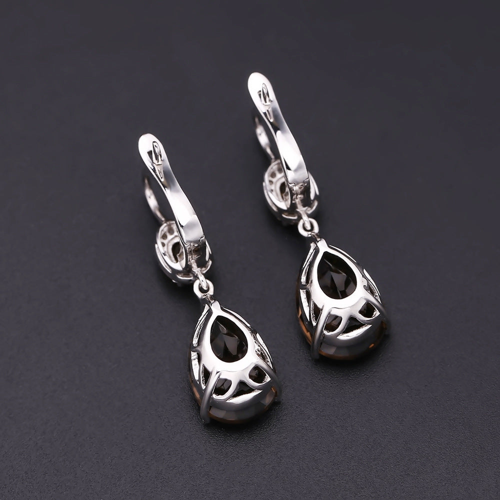 Jewelry Large Carat Natural Gemstone Pear-Shaped Earrings Luxurious s925Silver Inlaid Natural Tea Crystal Earrings