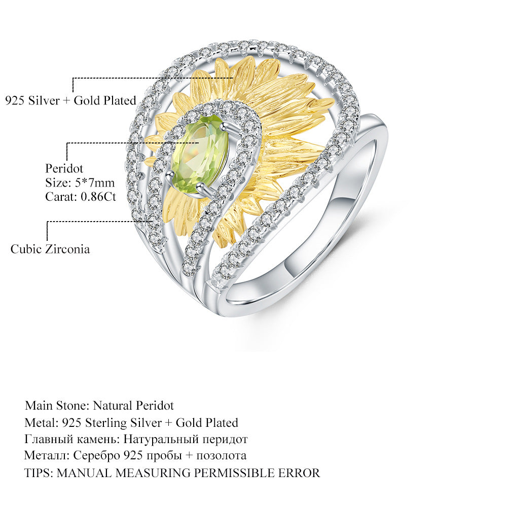 Designer High-End Natural Peridot Jewelry Set Sunflower Element Design925Silver Ring Earrings