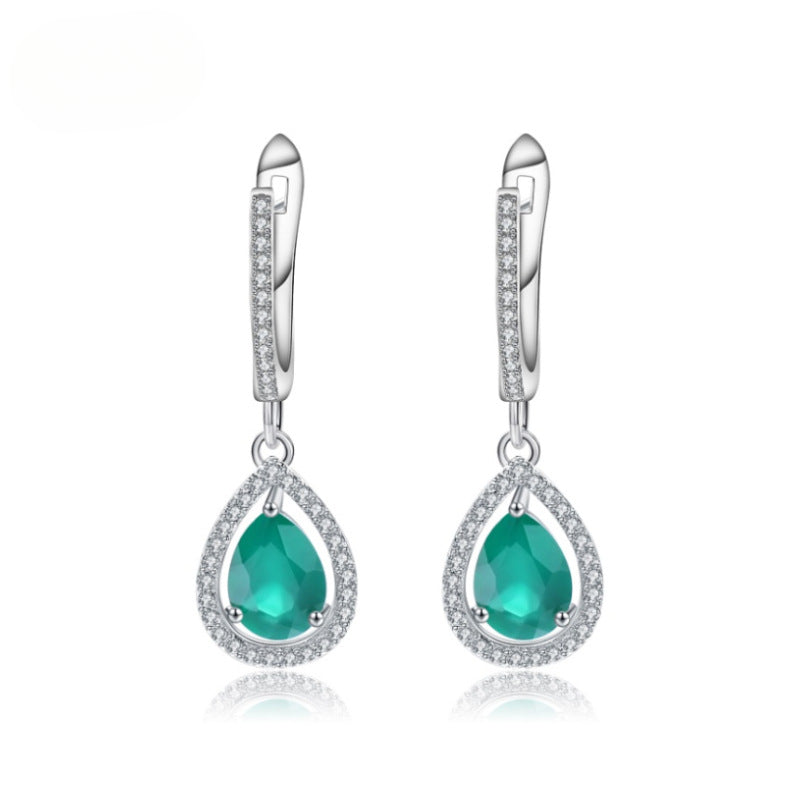 Natural Green Agate Women's Earrings In-stock Direct Supply Fashionable Light Luxury s925Sterling Silver Inlaid Gemstone Earrings