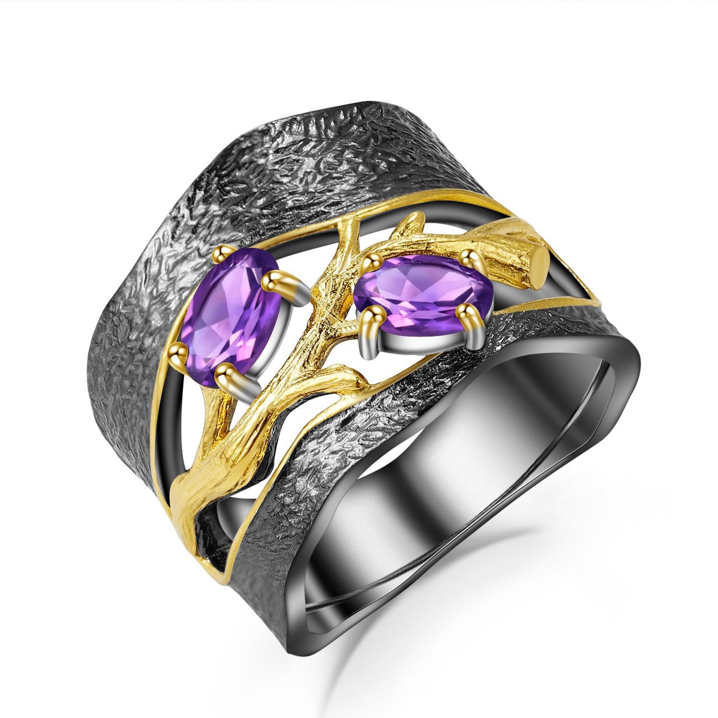Secret Garden High-End Designer Ring Cracked Tree Branch s925Sterling Silver Inlaid Natural Gemstone Ring