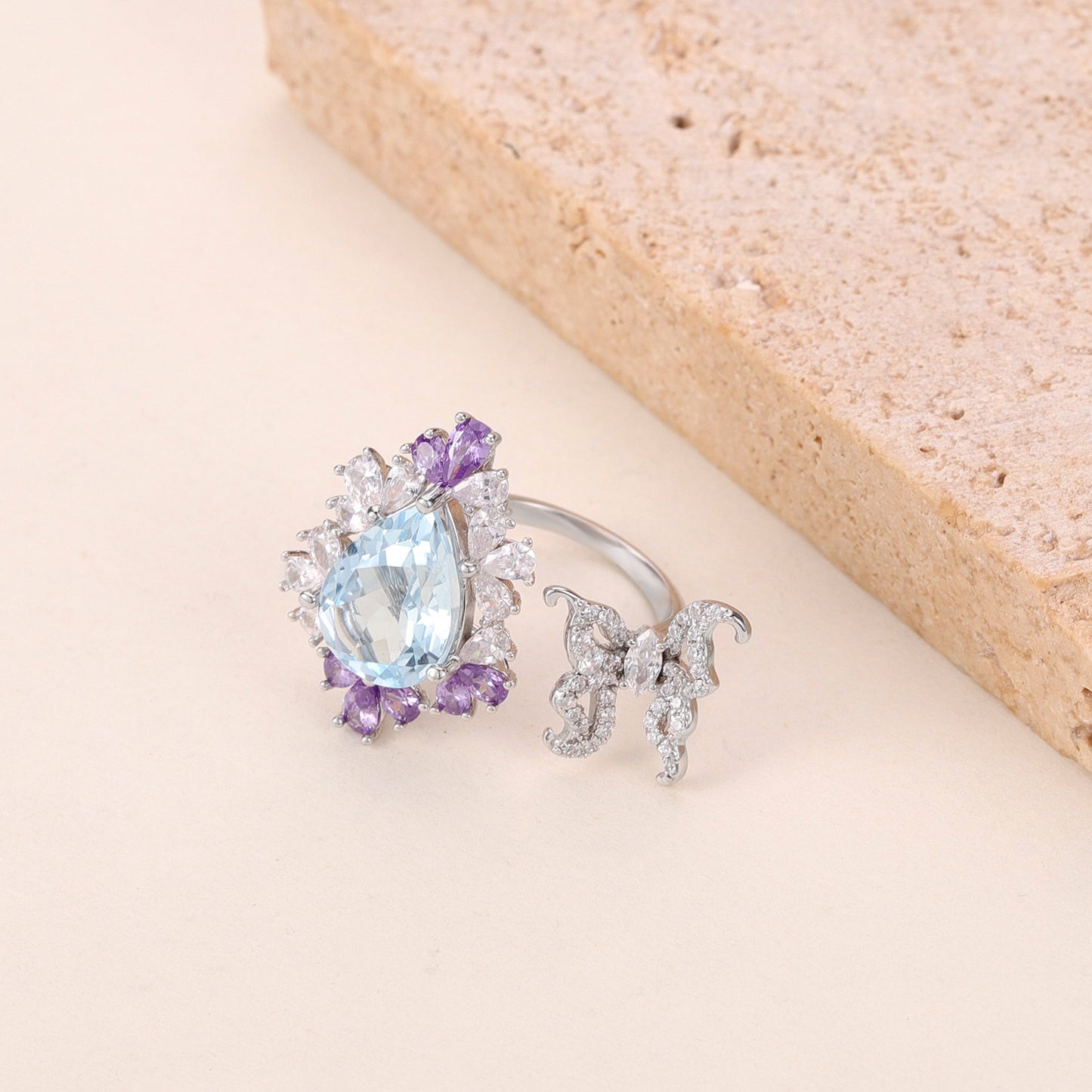Original Design Natural Topaz Stone Open Ring s925Silver Inlaid Pink Crystal Large Main Stone Cross-border Gorgeous Ring for Women