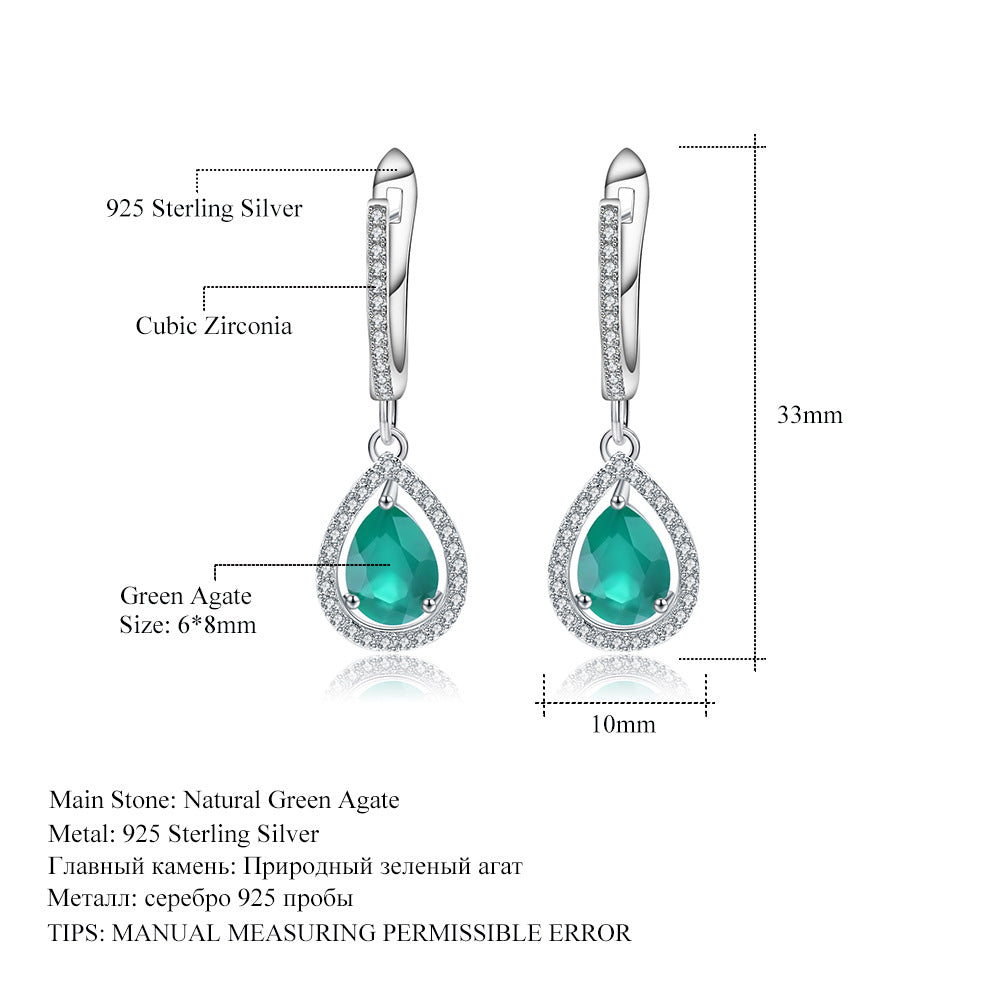 Natural Green Agate Women's Earrings In-stock Direct Supply Fashionable Light Luxury s925Sterling Silver Inlaid Gemstone Earrings