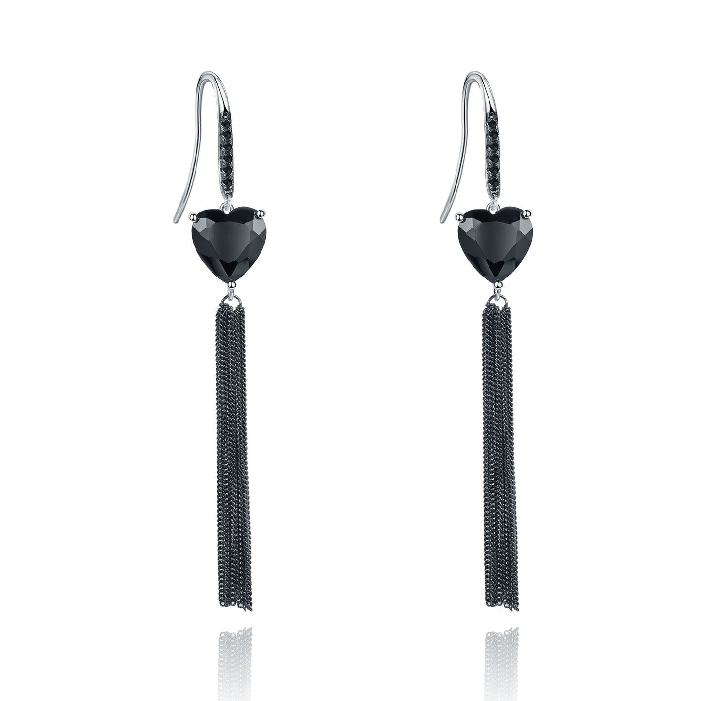 Designer Natural Gemstone Heart Tassel Earrings Sophisticated Design s925Silver and Black Onyx Earrings