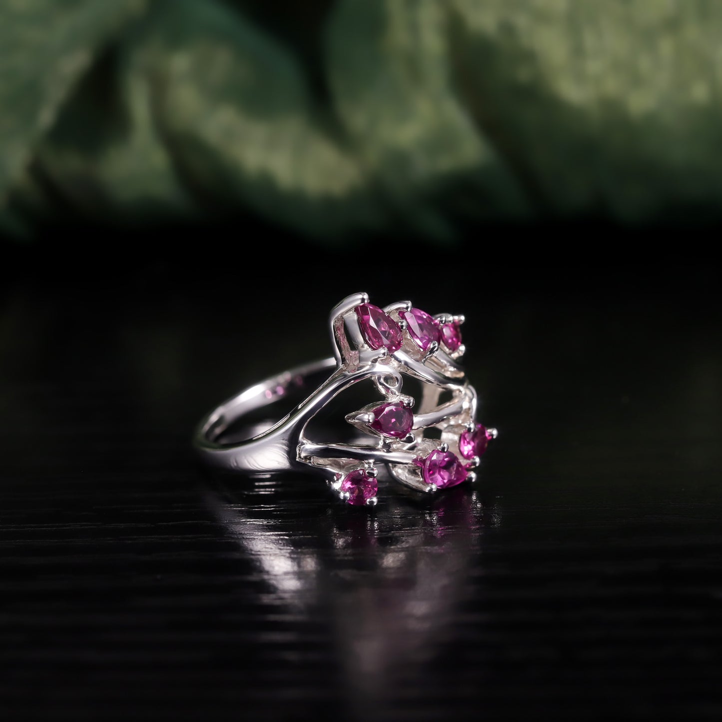 Natural Wind s925Sterling Silver Gemstone Ring Natural Rose Garnet Ring Leaf Ring for Women