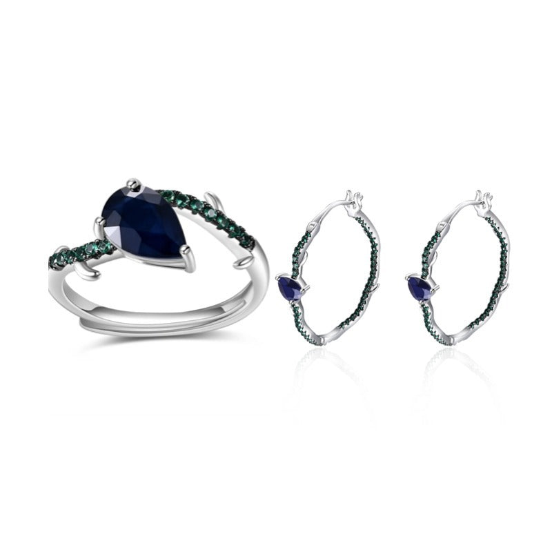 Natural Style Plant Sapphire Set Natural Peridot s925Sterling Silver Ring Earrings Amethyst Jewelry Set