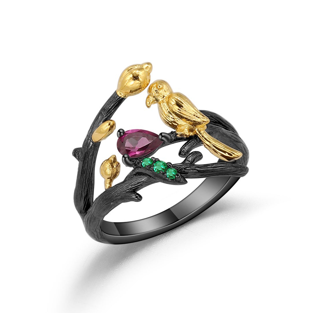 Italian Craft Designer Vintage Style Ring Natural Style Bird Design s925Silver Natural Rose Pomegranate Ring