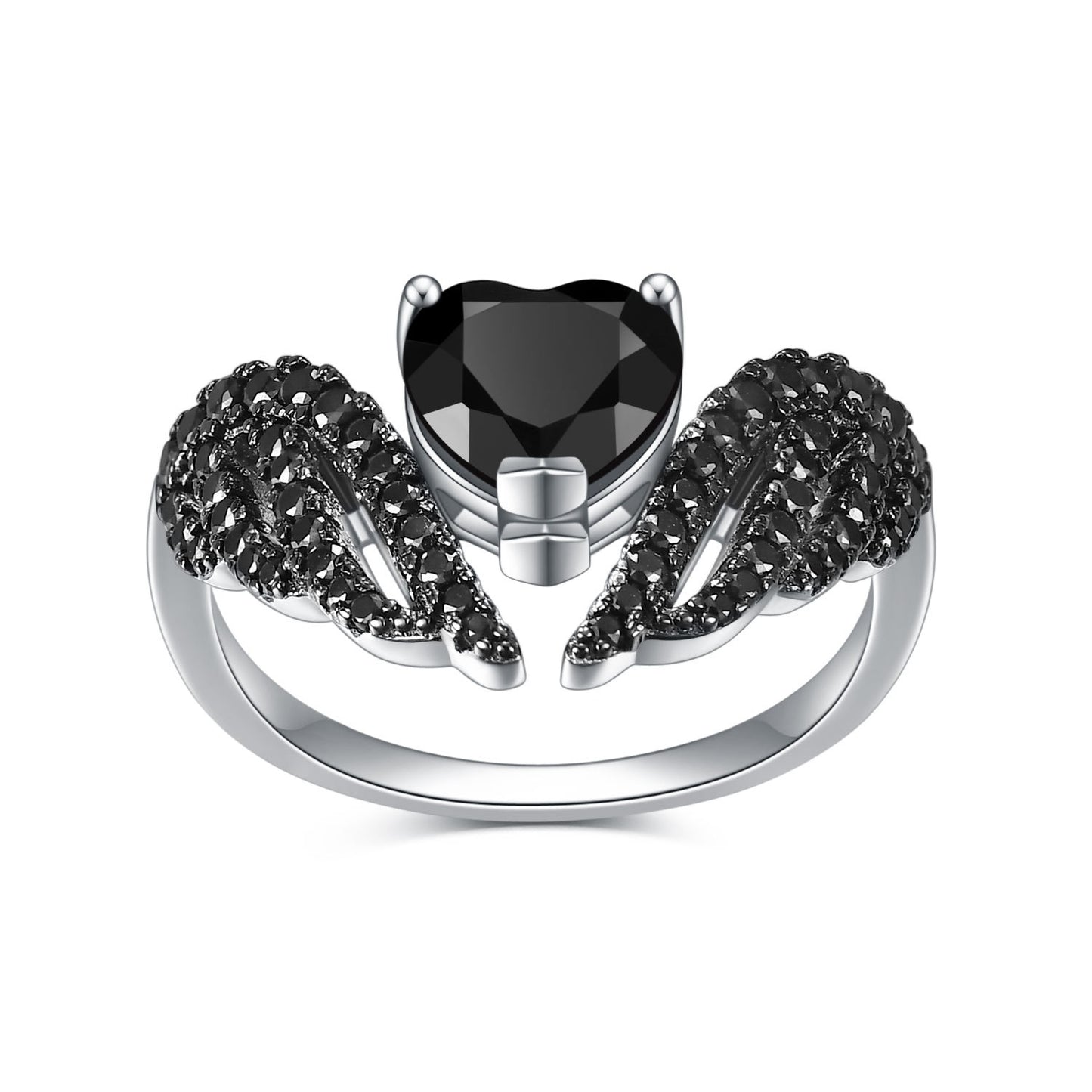 Dark Wings Heart Designer Natural Gemstone Ring s925Sterling Silver Inlaid Garnet Ring