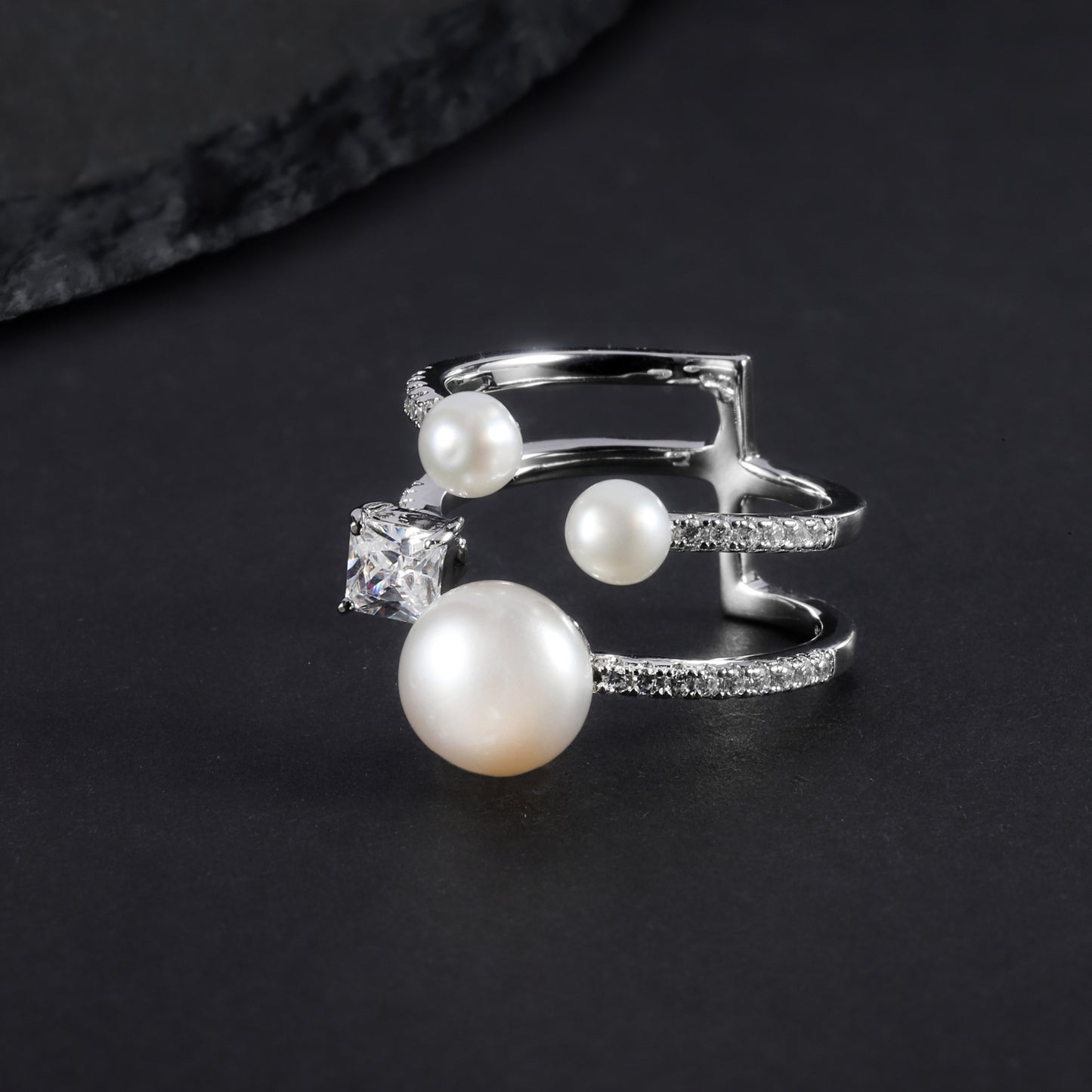S925Sterling Silver Natural Freshwater Pearl Adjustable Open Ring for Women Fashionable and Elegant Light Luxury Gemstone Ring