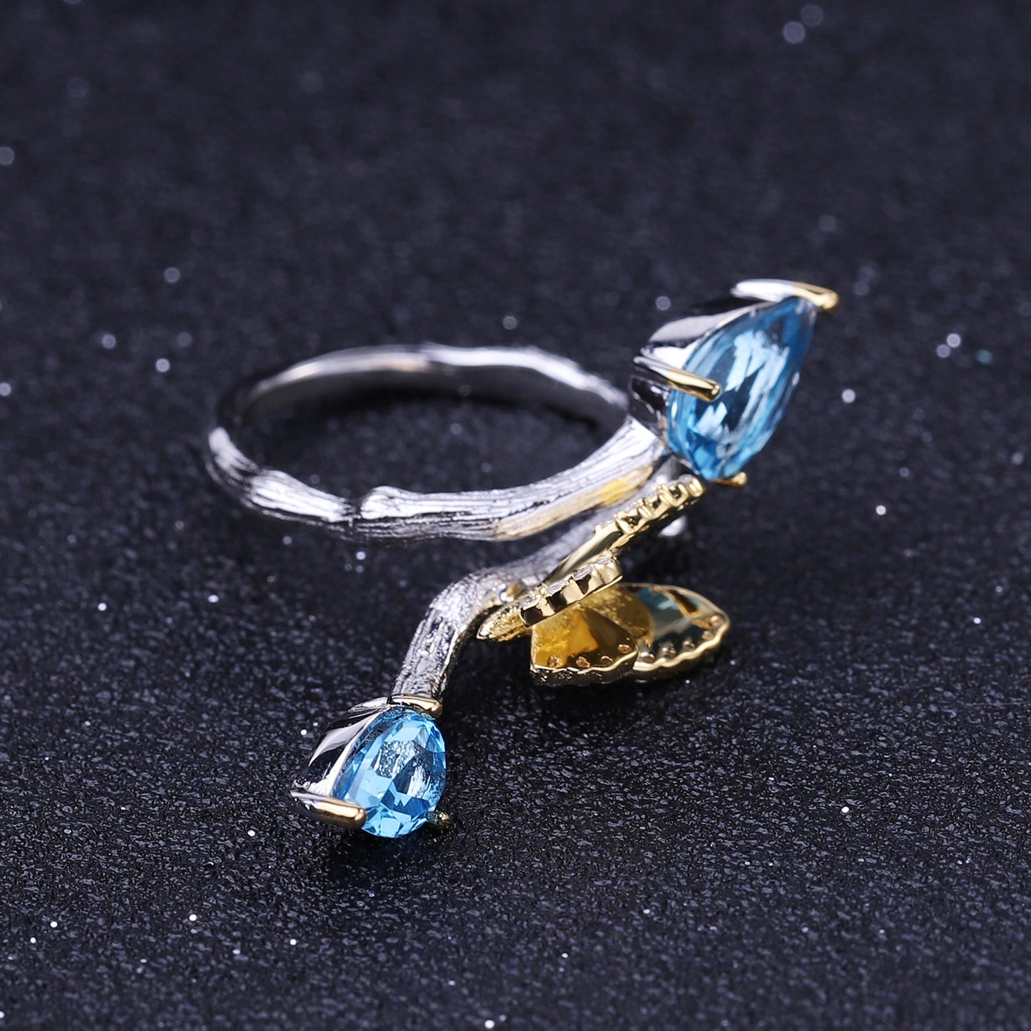 Secret Garden Designer Gemstone Ring Natural Style Butterfly Design s925Silver Natural Topaz Ring