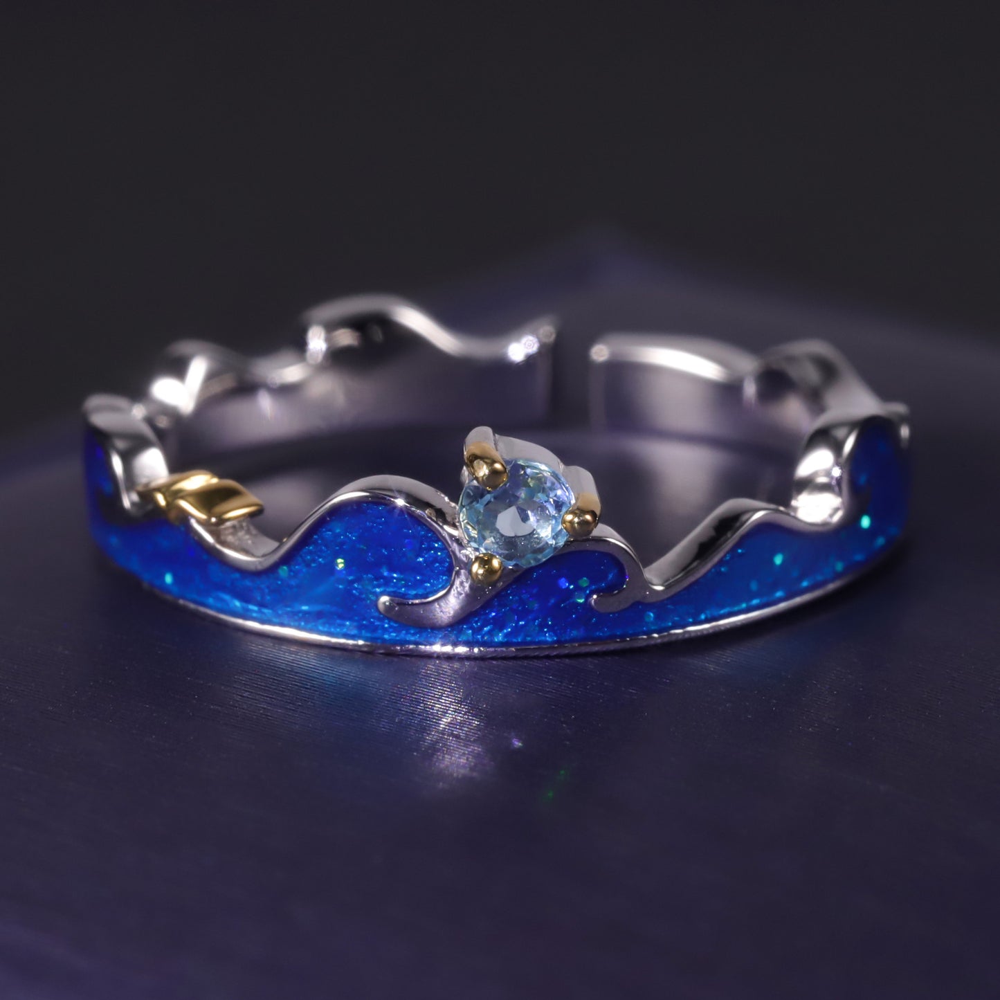 Designer Open Couple Rings Wave Element Natural Style Design925Silver Inlaid Gemstone Enamel Ring