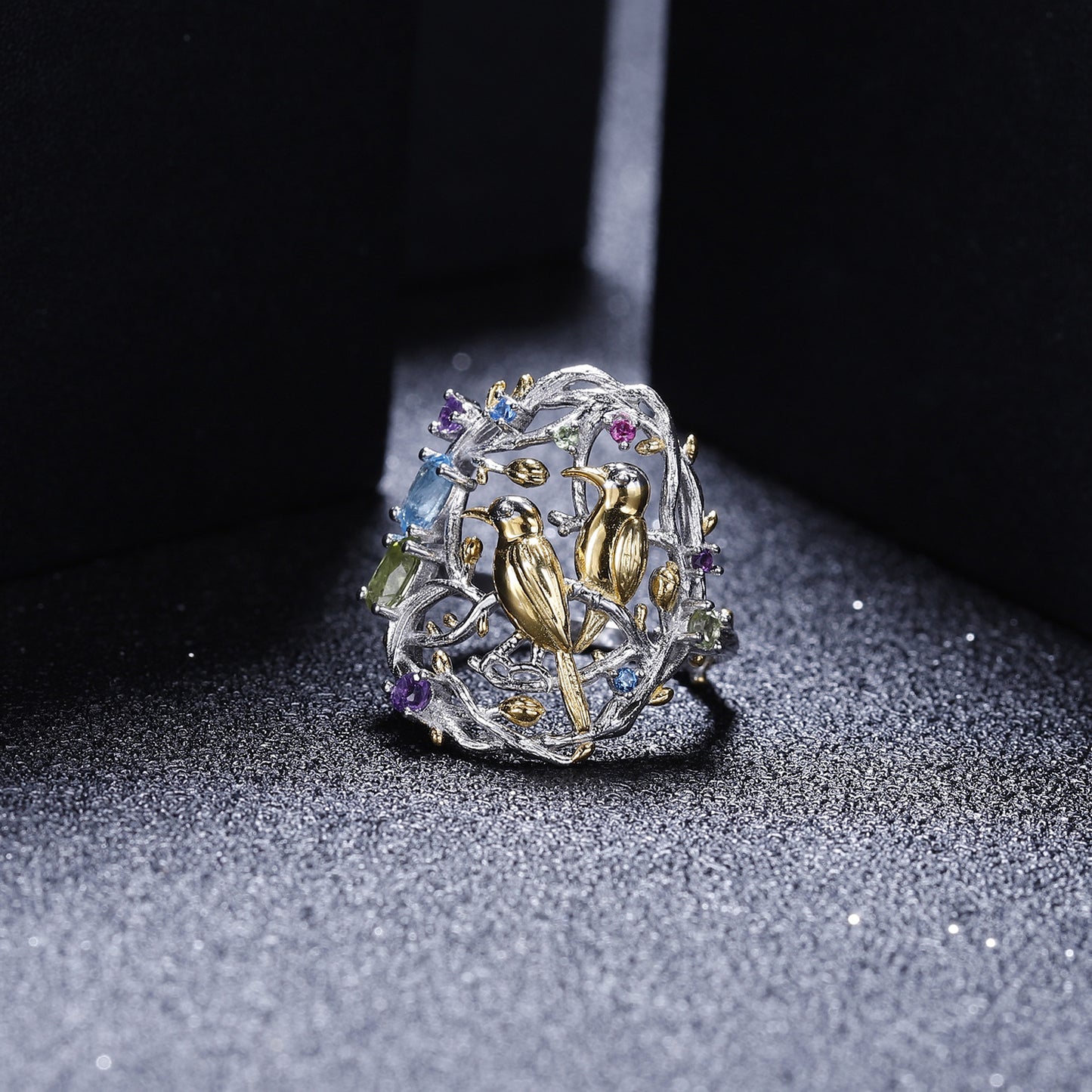 Designer High-End Sense Personality Chinese Style Ring Natural Wind Bird Design s925Silver natural gemstone ring