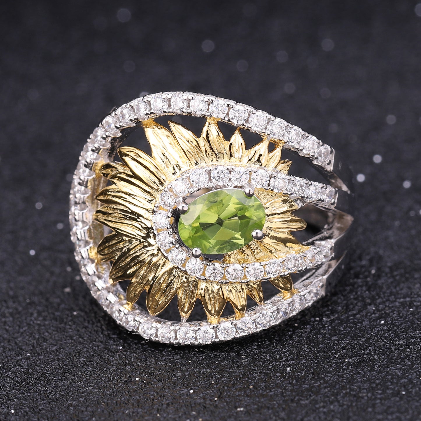 Designer High-End Natural Peridot Jewelry Set Sunflower Element Design925Silver Ring Earrings