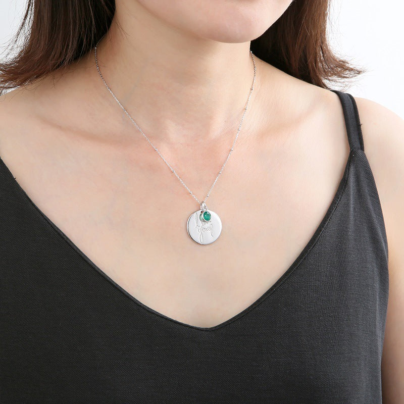 Factory Direct Supply s925Silver Necklace Pendant for Women, Light Luxury Round Pendant with Engraving, Natural Gemstone Colorful Gemstone Pendant