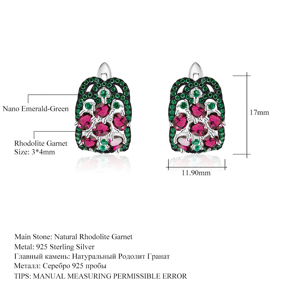 Luxurious and High-end Natural Rose Pomegranate Earrings Flourishing Series925Silver Inlaid Gemstone Stud Earrings