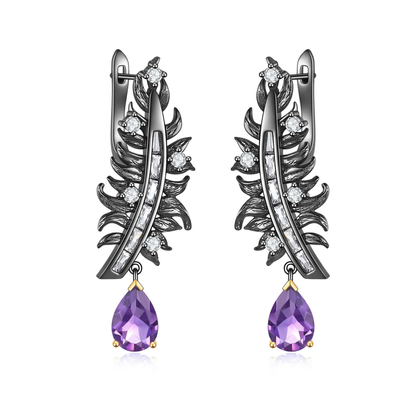 Italian Craft Handmade Designer Feather Natural Gemstone s925Silver Inlaid Garnet Stud Earrings