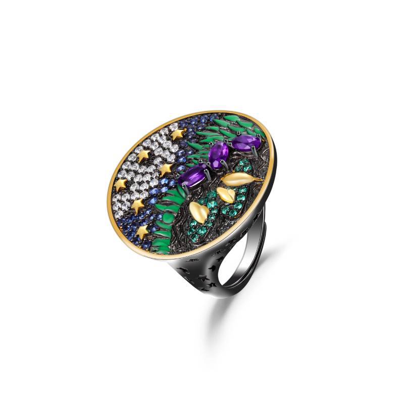 Niche Advanced Sense925Silver Original Design Gemstone Adjustable Ring Natural Stone Amethyst Ring for Men and Women