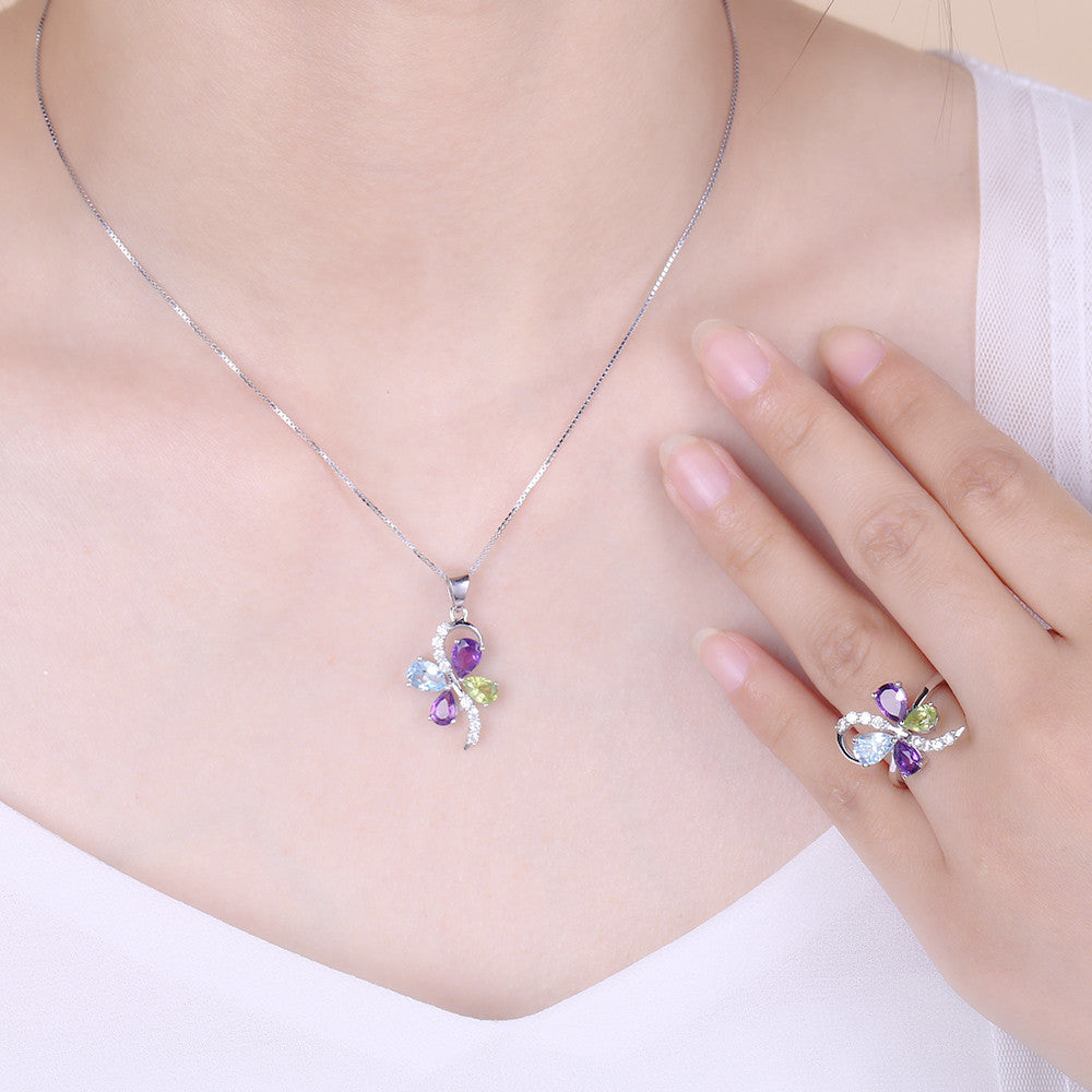Light Luxury s925Sterling Silver Inlaid Gemstone Necklace with Unique Fashion Design and High-end Feel Natural Gemstone Pendant Necklace