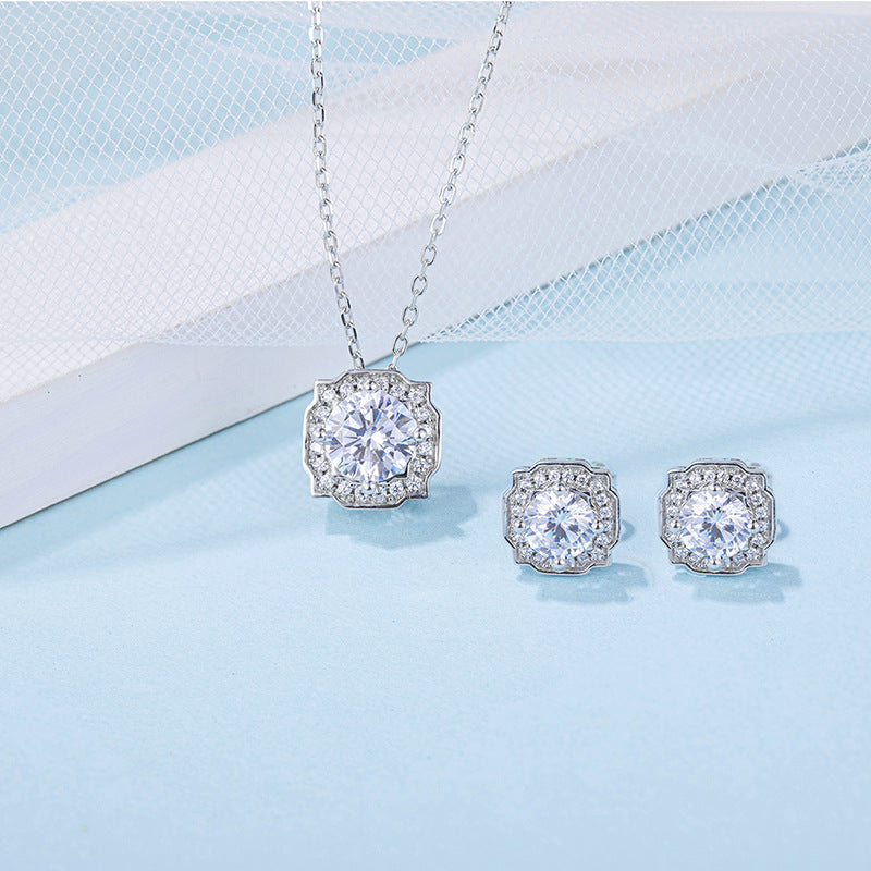 Fashion Moissanite Jewelry Set Light Luxury s925Sterling Silver Inlaid Moissanite Earrings Necklace Set