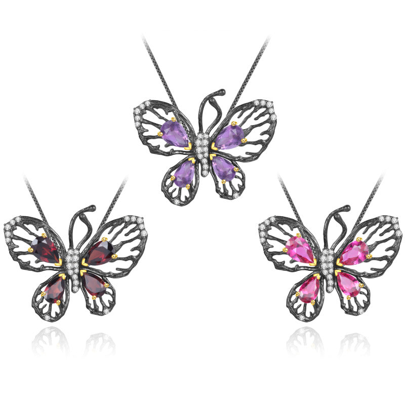 Designer Natural Garnet Butterfly Pendant Luxurious High-end Feel925Silver Natural Gemstone Necklace Pendant
