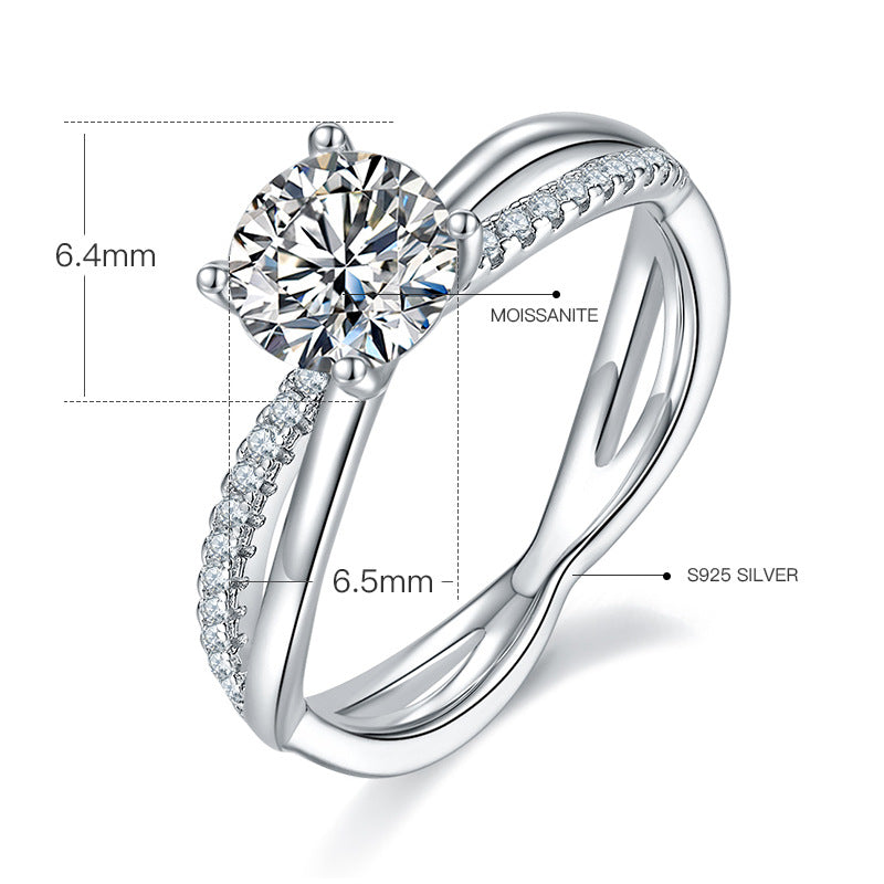 Trendy Moissanite Ring for Women with Double Arms Japanese and Korean Fashion s925Sterling Silver Inlaid1Carat Moissanite Ring
